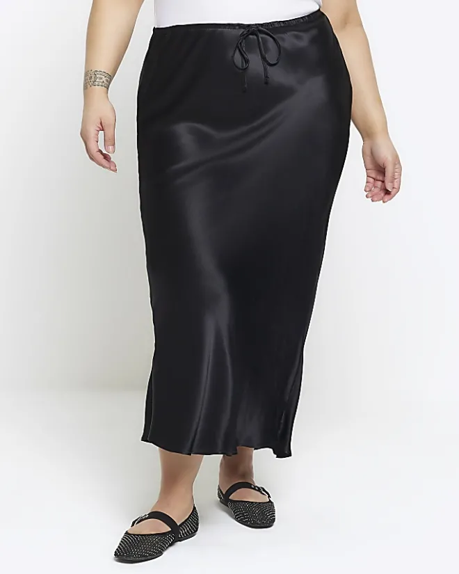 River Island Plus tie waist midi skirt Black Discount