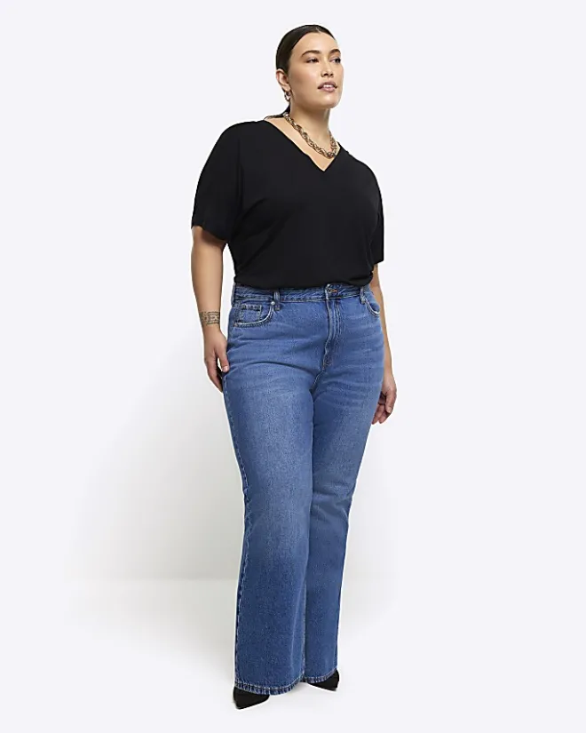 River Island Plus V neck t-shirt Black Clearance