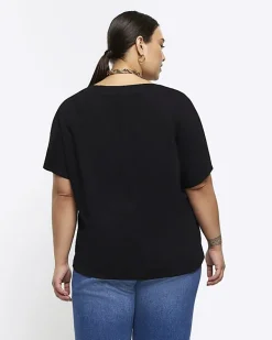 River Island Plus V neck t-shirt Black Clearance