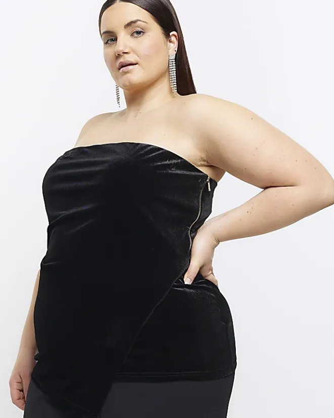 River Island Plus velvet asymmetric bandeau top Black Online
