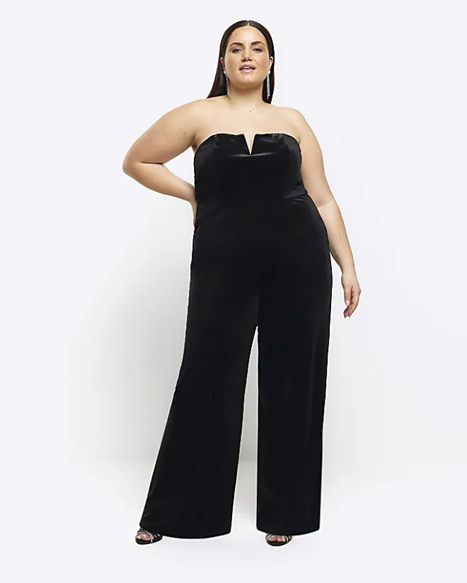 River Island Plus velvet bandeau jumpsuit Black Hot