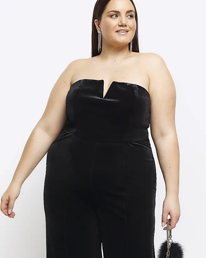 River Island Plus velvet bandeau jumpsuit Black Hot