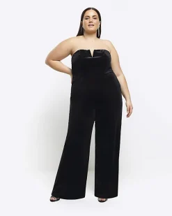 River Island Plus velvet bandeau jumpsuit Black Hot