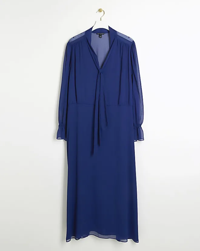 River Island Plus chiffon tie neck swing maxi dress Blue Outlet
