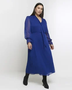 River Island Plus chiffon tie neck swing maxi dress Blue Outlet