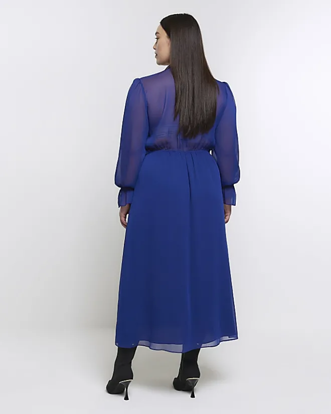 River Island Plus chiffon tie neck swing maxi dress Blue Outlet
