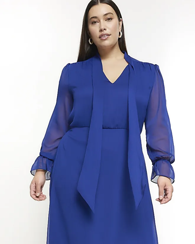 River Island Plus chiffon tie neck swing maxi dress Blue Outlet