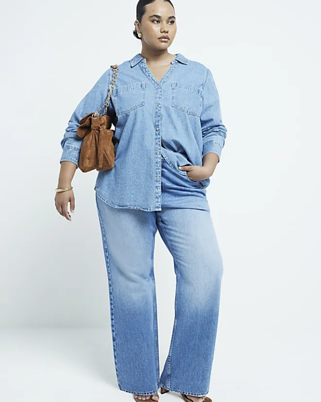 River Island Plus high waisted straight leg jeans Blue Clearance