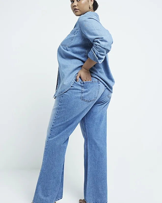 River Island Plus high waisted straight leg jeans Blue Clearance