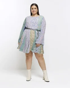 River Island Plus patchwork belted shift mini dress Blue Outlet