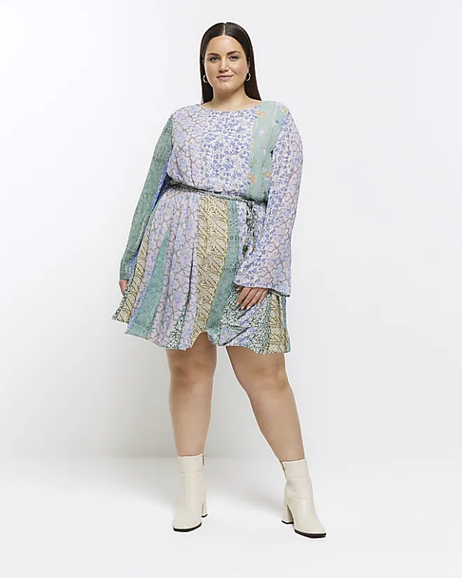 River Island Plus patchwork belted shift mini dress Blue Outlet