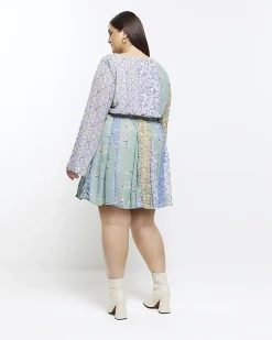 River Island Plus patchwork belted shift mini dress Blue Outlet