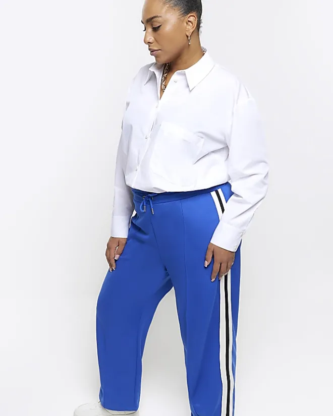 River Island Plus side stripe wide leg joggers Blue Fashion
