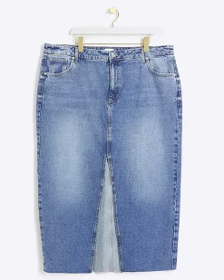 River Island Plus split hem denim midi skirt Blue Clearance