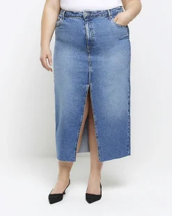 River Island Plus split hem denim midi skirt Blue Clearance