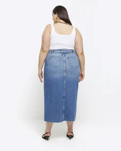 River Island Plus split hem denim midi skirt Blue Clearance