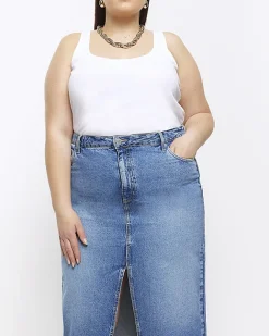 River Island Plus split hem denim midi skirt Blue Clearance