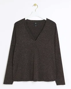 River Island Plus bronze rib glitter long sleeve top Brown Fashion