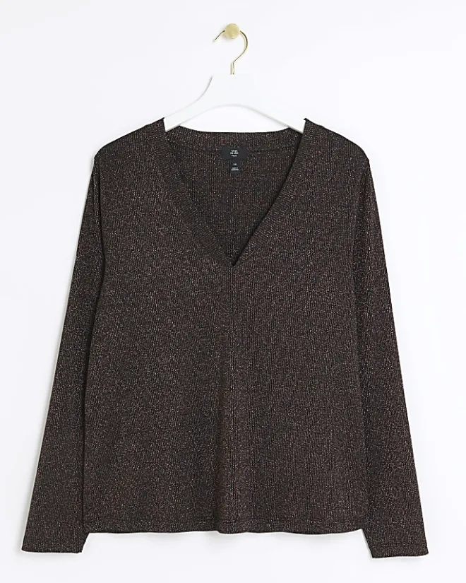 River Island Plus bronze rib glitter long sleeve top Brown Fashion