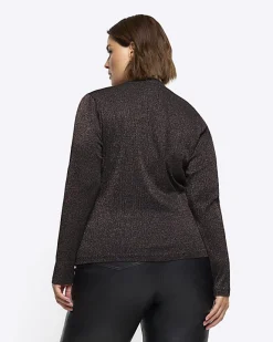 River Island Plus bronze rib glitter long sleeve top Brown Fashion