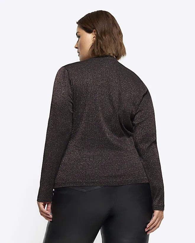 River Island Plus bronze rib glitter long sleeve top Brown Fashion