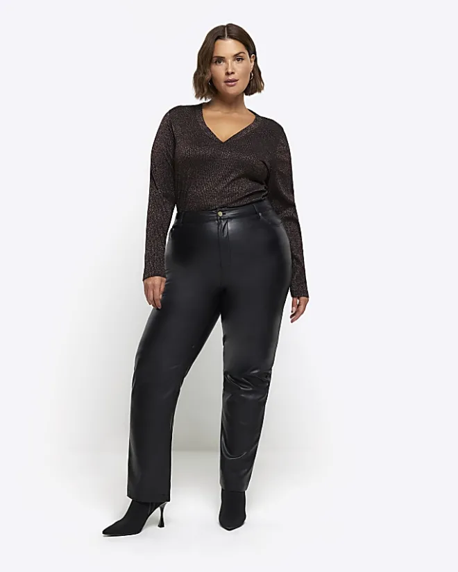 River Island Plus bronze rib glitter long sleeve top Brown Fashion