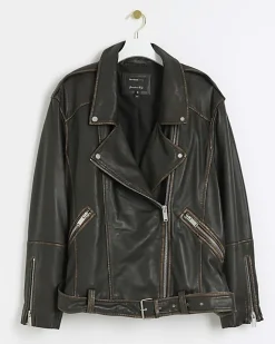 River Island Plus leather oversized biker jacket Brown Clearance