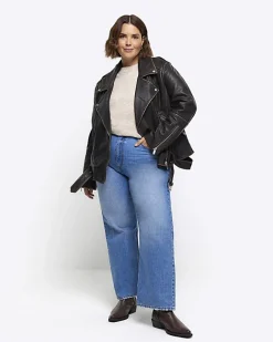 River Island Plus leather oversized biker jacket Brown Clearance