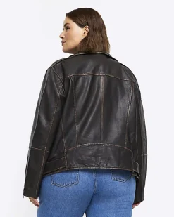 River Island Plus leather oversized biker jacket Brown Clearance