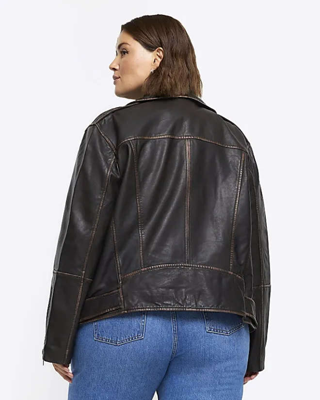 River Island Plus leather oversized biker jacket Brown Clearance