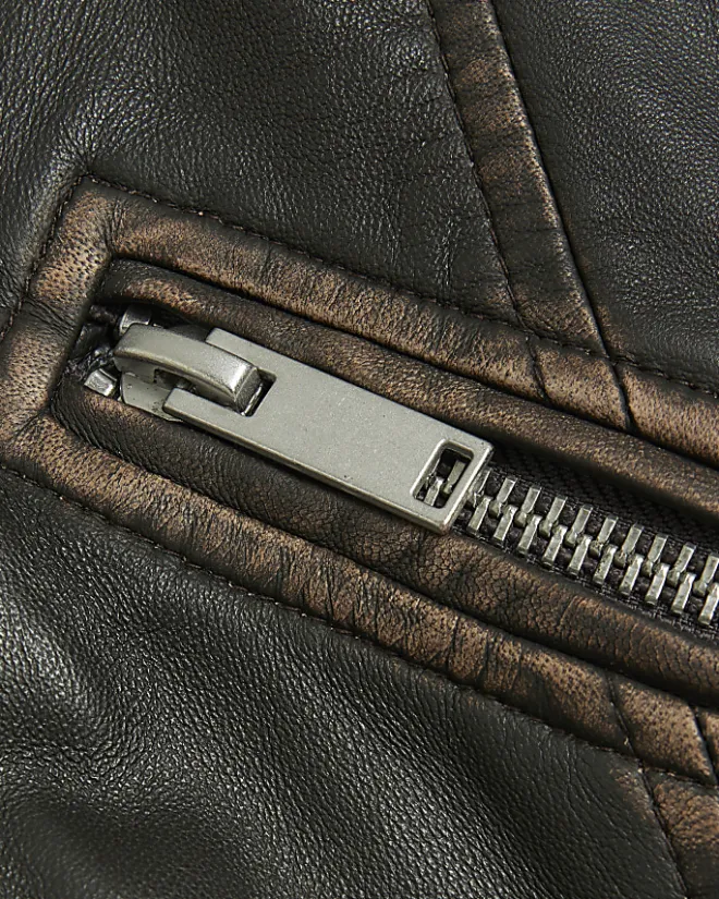 River Island Plus leather oversized biker jacket Brown Clearance