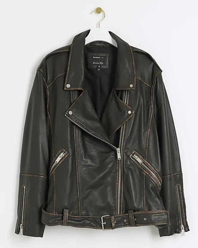 River Island Plus leather oversized biker jacket Brown Clearance