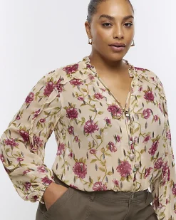 River Island Plus chiffon floral blouse Cream Hot