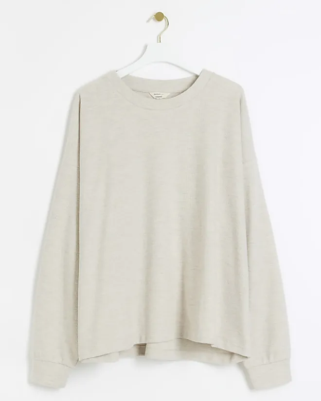 River Island Plus rib cosy sweatshirt Cream Clearance