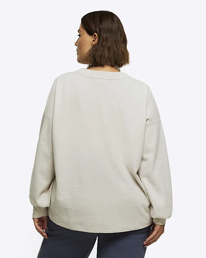 River Island Plus rib cosy sweatshirt Cream Clearance
