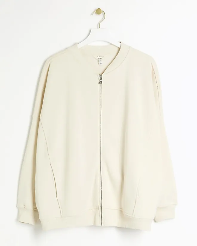 River Island Plus zip up bomber sweatshirt Cream Sale