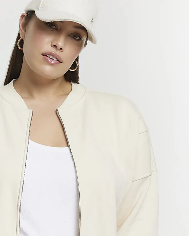 River Island Plus zip up bomber sweatshirt Cream Sale