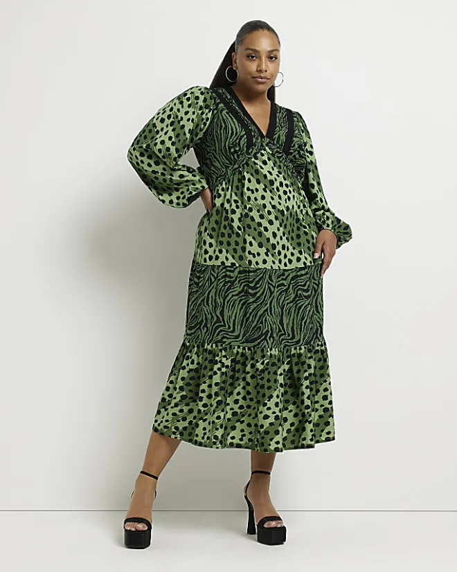 River Island Plus animal print midi dress Green Clearance