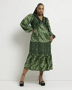 River Island Plus animal print midi dress Green Clearance