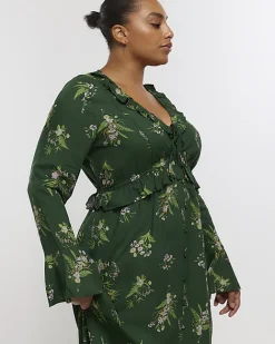 River Island Plus floral frill swing midi dress Green Fashion
