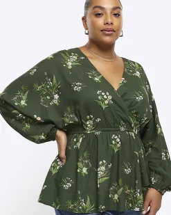 River Island Plus floral wrap blouse Green Outlet