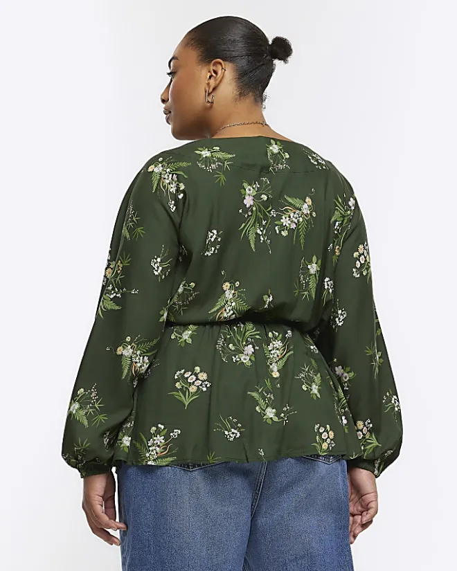 River Island Plus floral wrap blouse Green Outlet