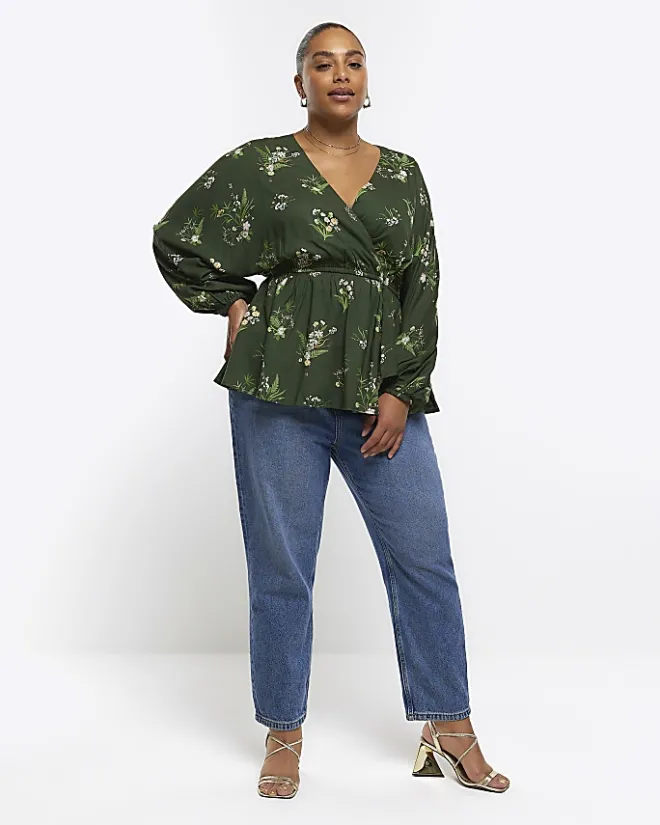 River Island Plus floral wrap blouse Green Outlet