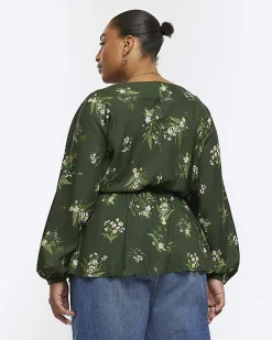 River Island Plus floral wrap blouse Green Outlet