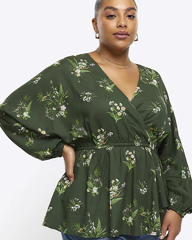 River Island Plus floral wrap blouse Green Outlet