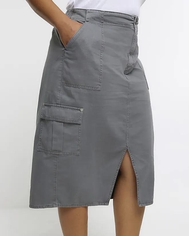 River Island Plus cargo midi skirt Grey New