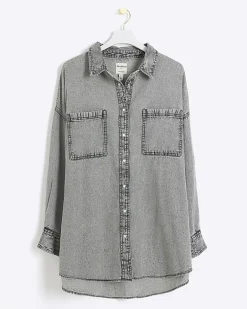 River Island Plus denim long sleeve shirt Grey New