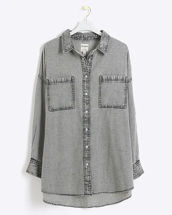 River Island Plus denim long sleeve shirt Grey New