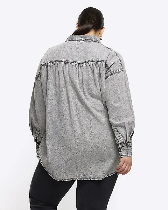 River Island Plus denim long sleeve shirt Grey New