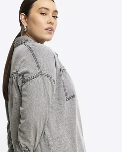 River Island Plus denim long sleeve shirt Grey New